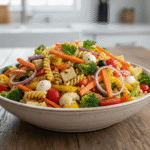 A colorful bowl of Veggie-Forward Italian pasta salad with broccoli, carrots, and peppers