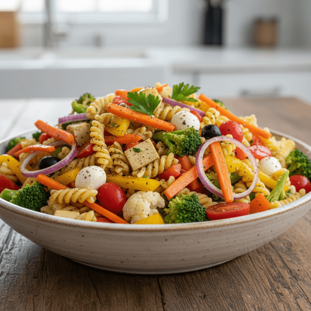 A colorful bowl of Veggie-Forward Italian pasta salad with broccoli, carrots, and peppers