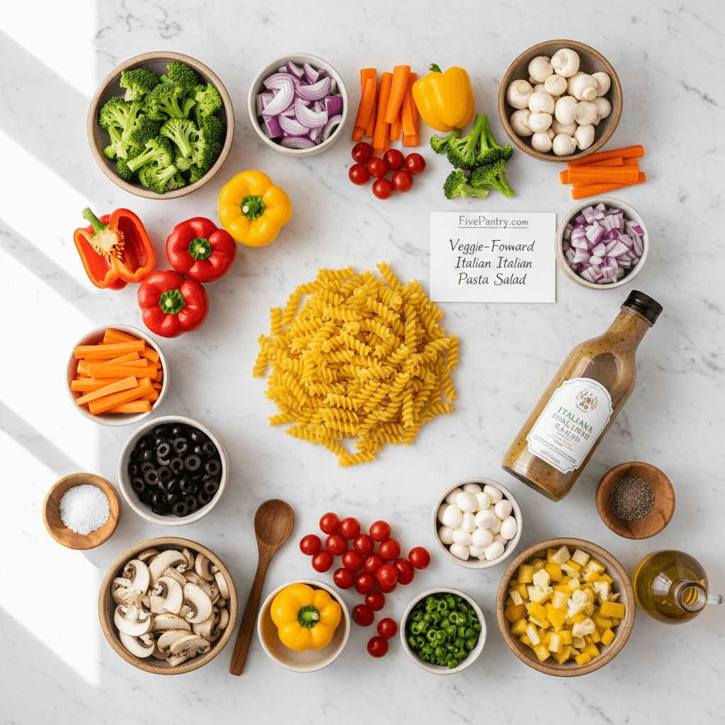 Close-up of zesty Italian dressing based Italian pasta salad ingredients