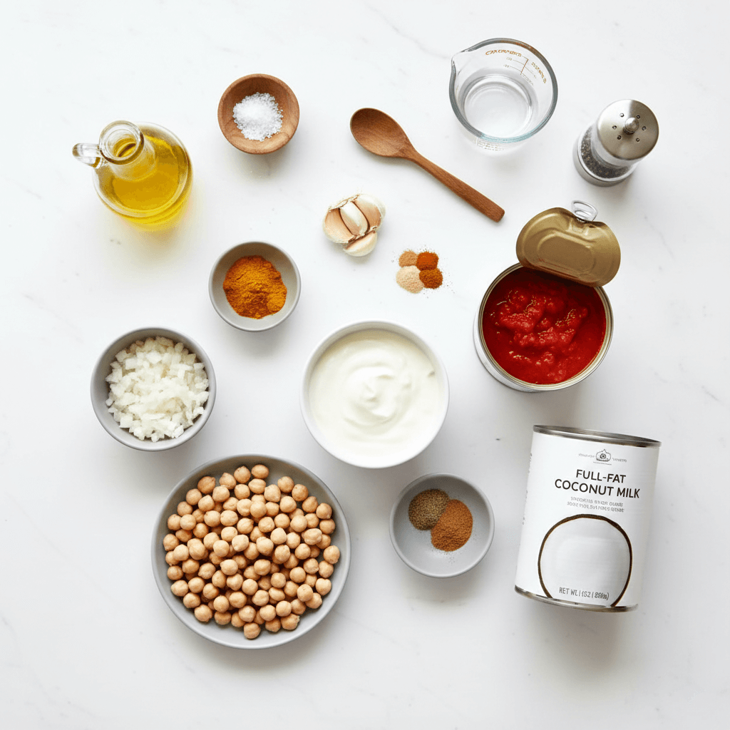 Close-up of creamy chickpea curry ingredients