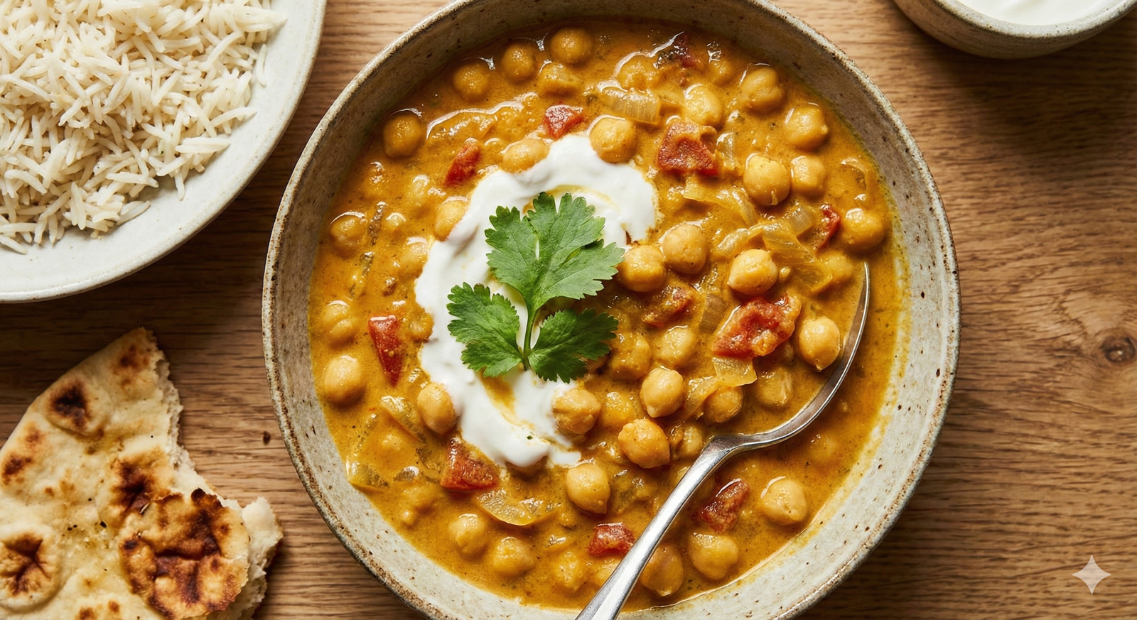 A warm bowl of 5-ingredient pantry chickpea curry with a dollop of Greek yogurt