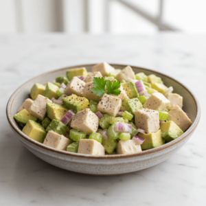 A bowl of 5-ingredient chopped chicken salad with diced celery and red onions