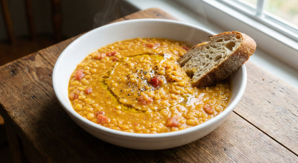 A steaming bowl of golden red lentil stew with a swirl of olive oil on top